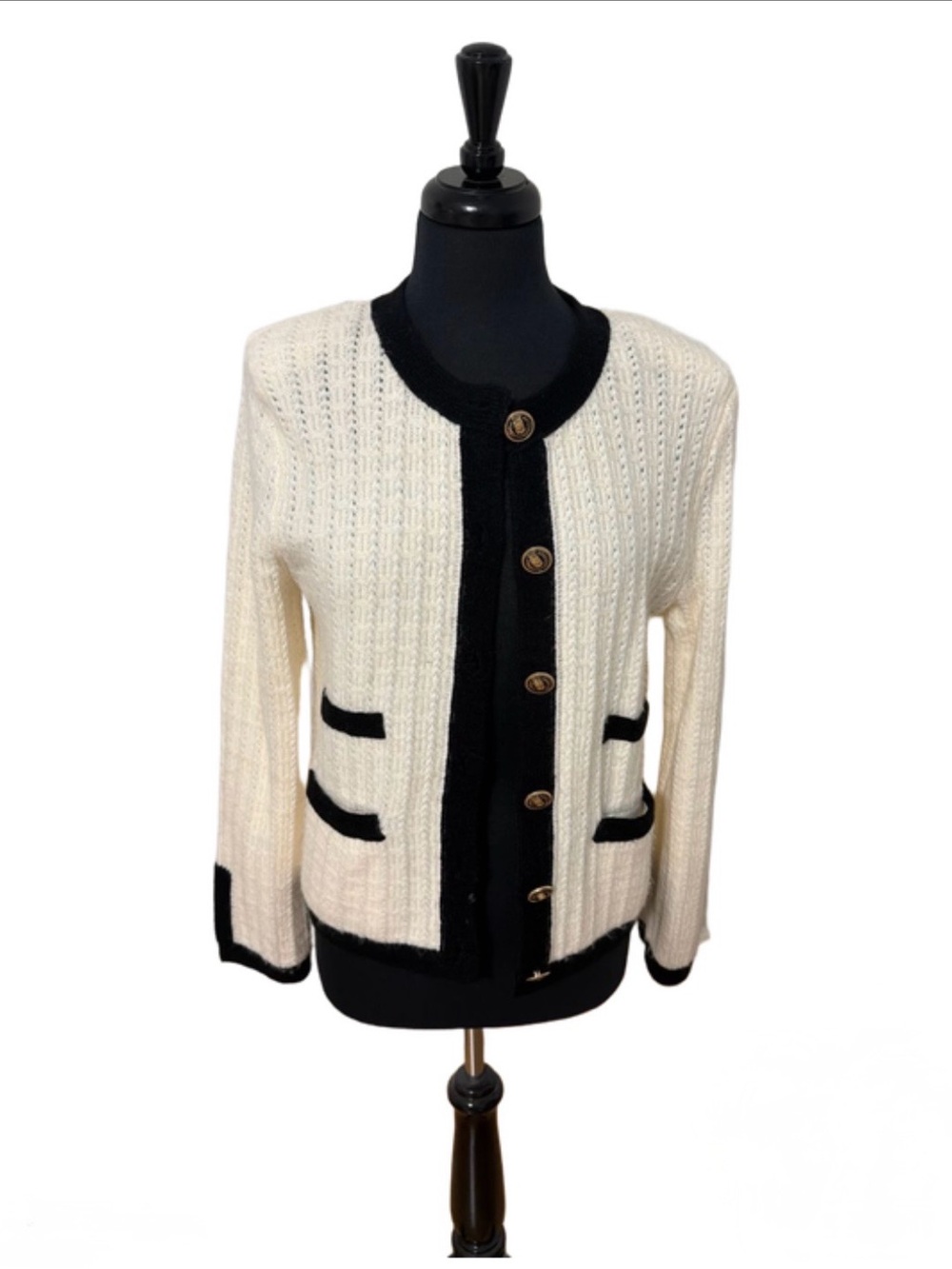 Express Cream Black Contrast Knit Cardigan Gold Buttons Size M